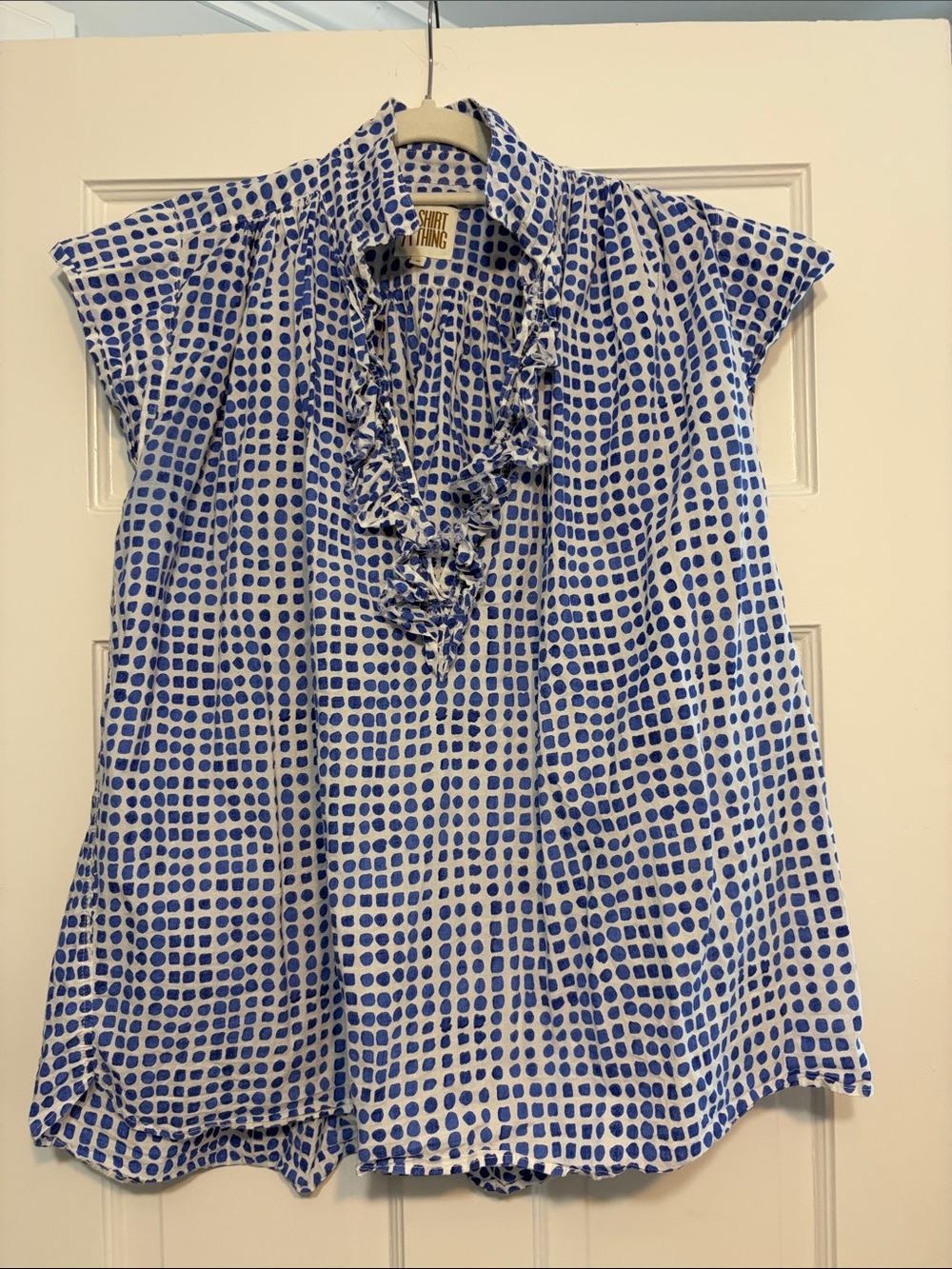 Blue Dot Ruffle V-Neck Women's Blouse